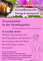 Gesundheitsreihe Vortrag & Austausch Frauenmittel in der Homöopathie mit Heilpraktikerin Elvira Birgit Speer